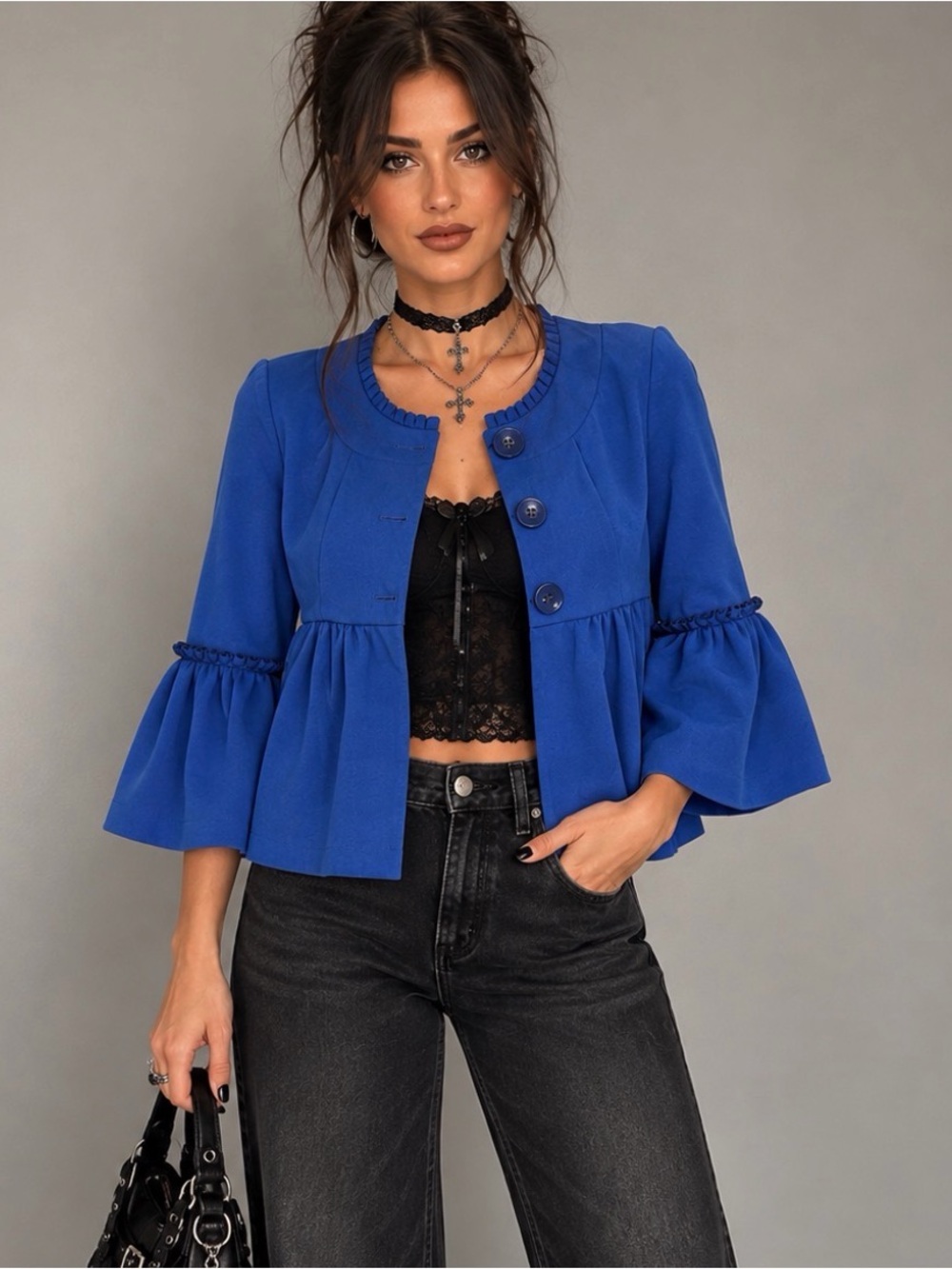 Women's medium Royal Blue Ruffle Sleeve Cropped Jacket